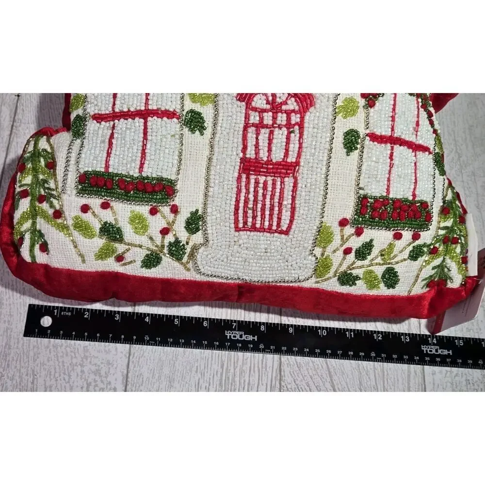 Christmas Gingerbread House Beaded Pillow NWT Red Green White Holiday Novogratz